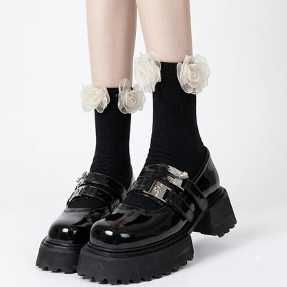 Mesh Flower Ankle Socks – Black & White Frill Socks | Cute Lolita Style Calf Socks for Women & Girls