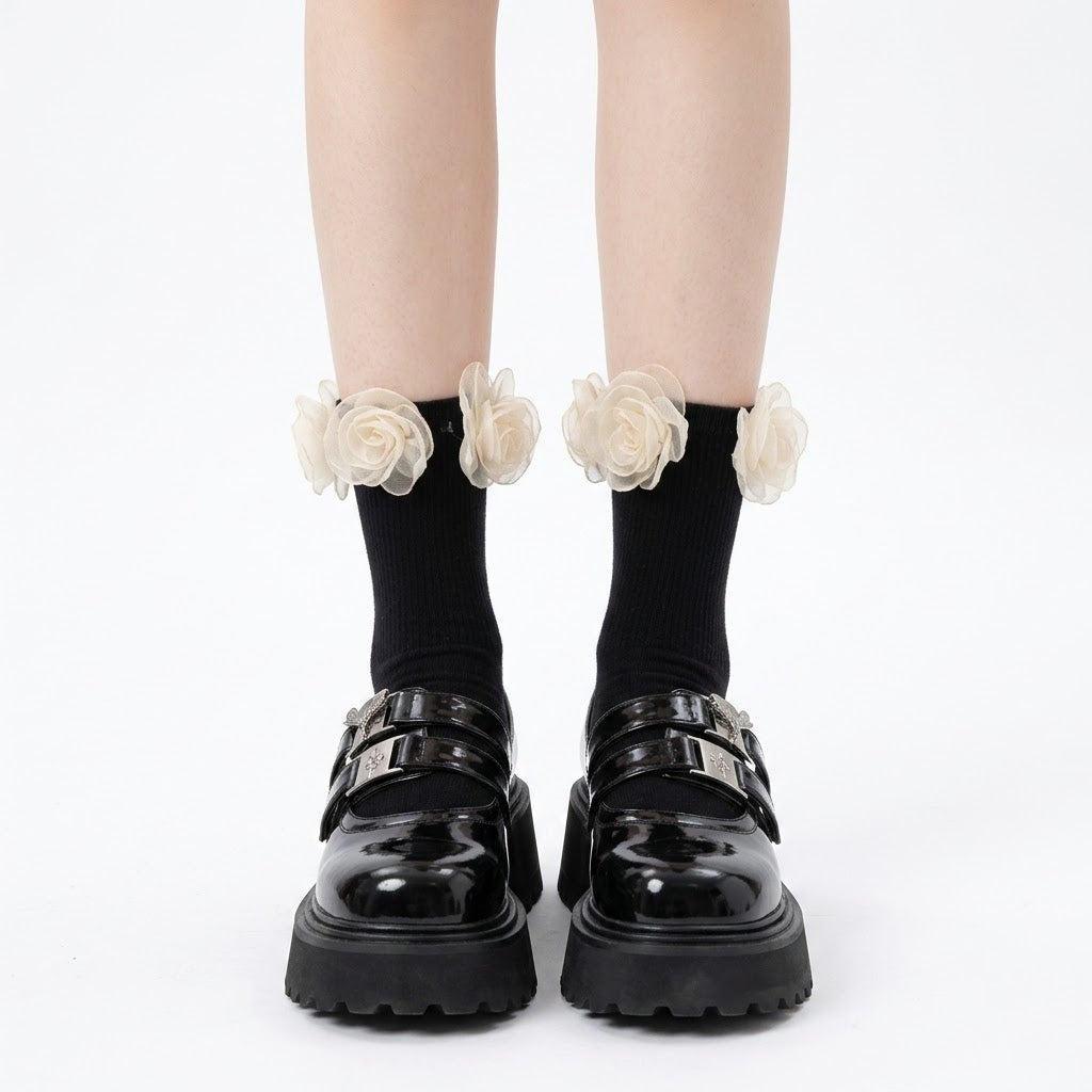 Mesh Flower Ankle Socks – Black & White Frill Socks | Cute Lolita Style Calf Socks for Women & Girls