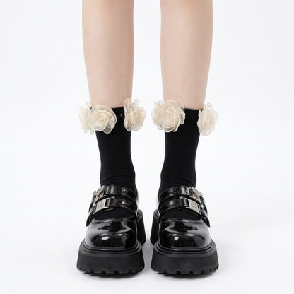 Mesh Flower Ankle Socks – Black & White Frill Socks | Cute Lolita Style Calf Socks for Women & Girls