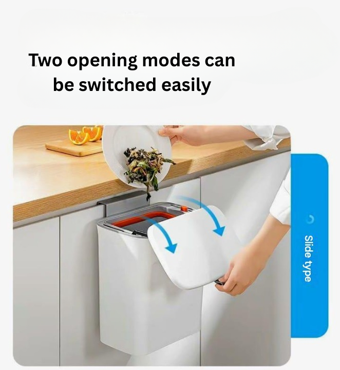 Kitchen trash bin with slide-out compartment on a kitchen counter, showing two opening modes.