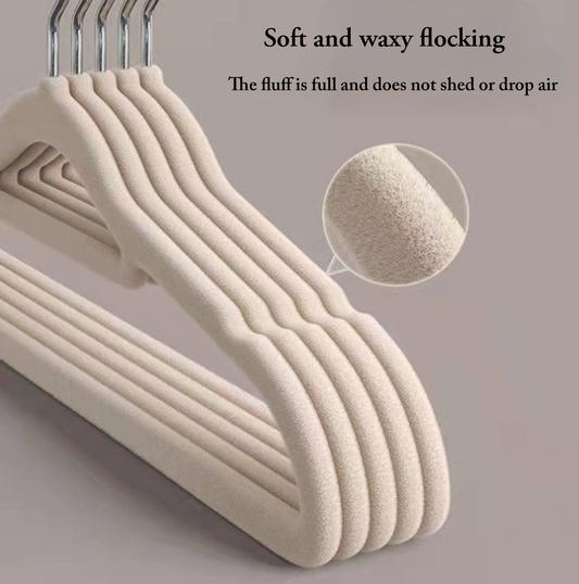 Set of beige hangers with text about soft and waxy flocking on a gray background
