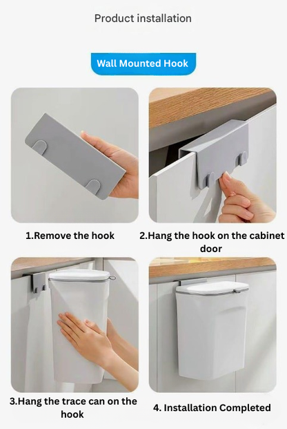 Step-by-step installation guide for a wall-mounted hook on a cabinet door.