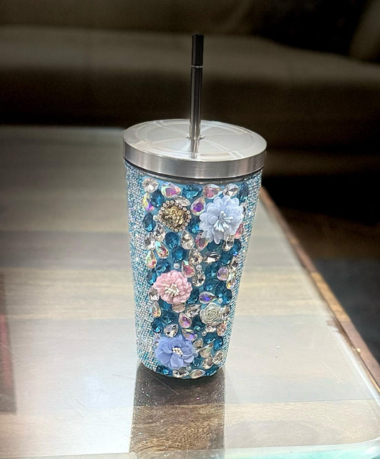 Fleure Luxe Glimmer Tumbler – Blue Bloom Edition