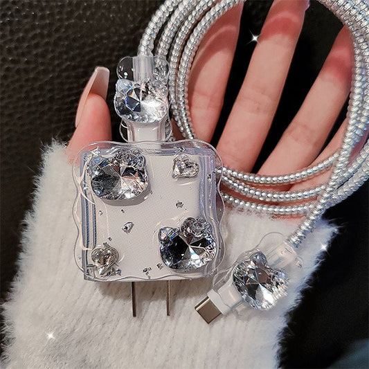 "Luxury Diamond iPhone 20W Charger Case – Cat Drill Design, Head + Two-End + Wire Protection"
