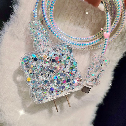 iPhone 20W Fast Charger Case with Sequins | Full Protection Cable & Adapter Cover
