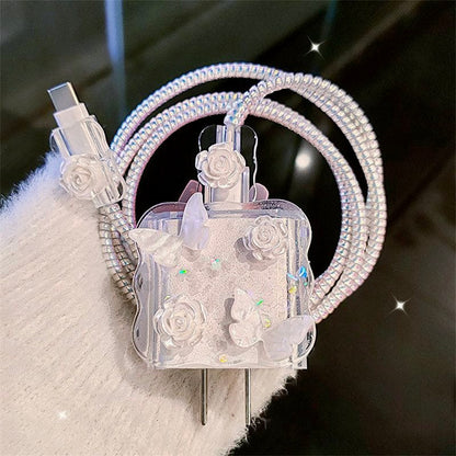 iPhone 20W Charger Case with Butterfly Rose Design – 3D Protective Charging Cable Cover (Head, Wire & End Protection)