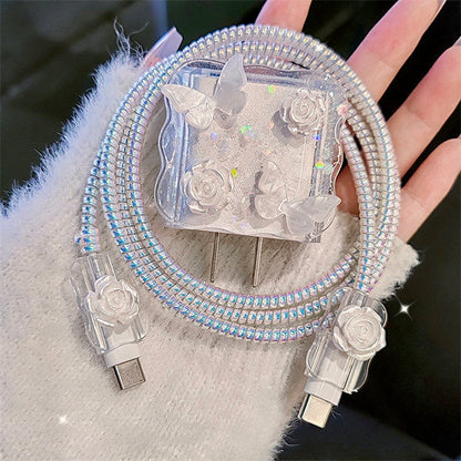 iPhone 20W Charger Case with Butterfly Rose Design – 3D Protective Charging Cable Cover (Head, Wire & End Protection)