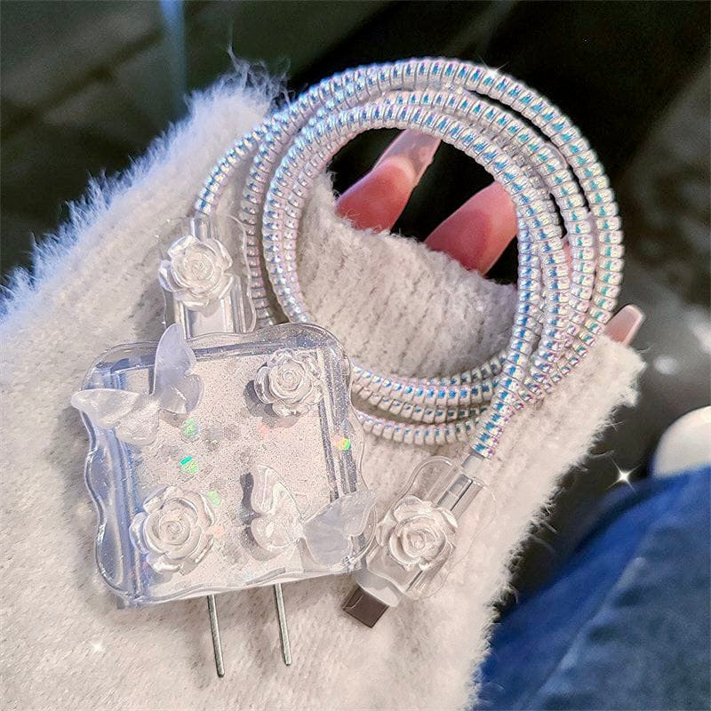 iPhone 20W Charger Case with Butterfly Rose Design – 3D Protective Charging Cable Cover (Head, Wire & End Protection)