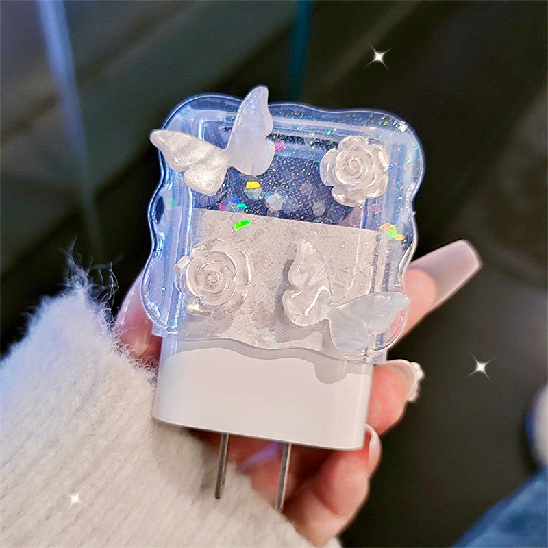iPhone 20W Charger Case with Butterfly Rose Design – 3D Protective Charging Cable Cover (Head, Wire & End Protection)