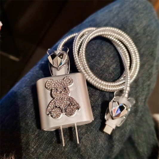 iPhone 20W Charger Case – Full Diamond Bear Design | Cable & Plug Protector with Wire Guard