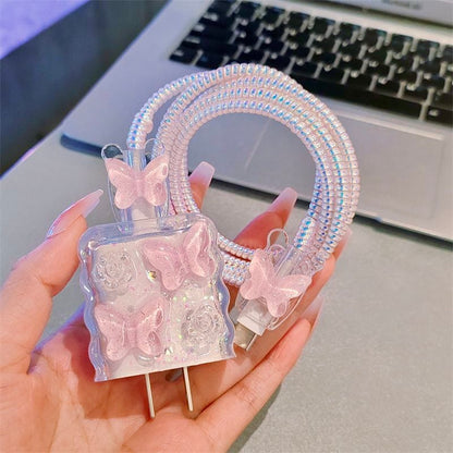 iPhone 20W Charger Case – Pink Butterfly Transparent Flower with Cable Protection | Cute 3D Decorative Fast Charger Cover