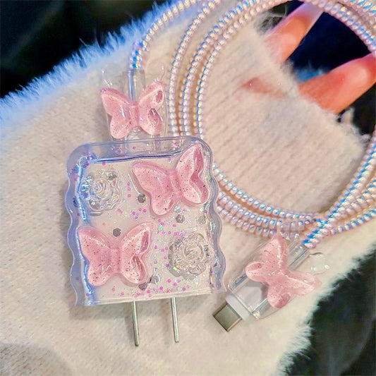 iPhone 20W Charger Case – Pink Butterfly Transparent Flower with Cable Protection | Cute 3D Decorative Fast Charger Cover