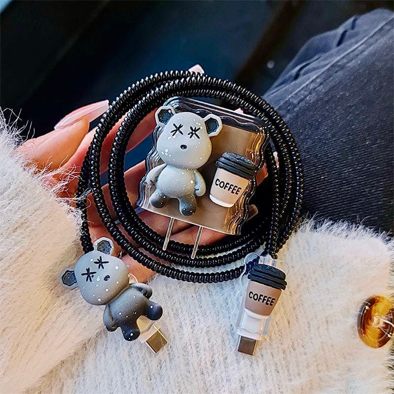 iPhone 20W Charger Case with Cute Bear & Coffee Design | 3D Cartoon Cable Protector Set