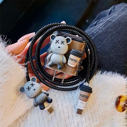 iPhone 20W Charger Case with Cute Bear & Coffee Design | 3D Cartoon Cable Protector Set