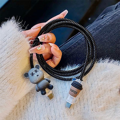 iPhone 20W Charger Case with Cute Bear & Coffee Design | 3D Cartoon Cable Protector Set