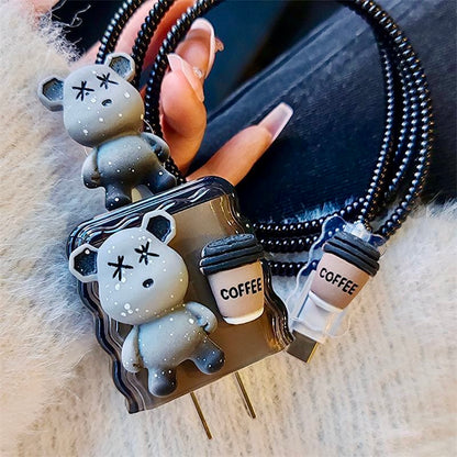 iPhone 20W Charger Case with Cute Bear & Coffee Design | 3D Cartoon Cable Protector Set