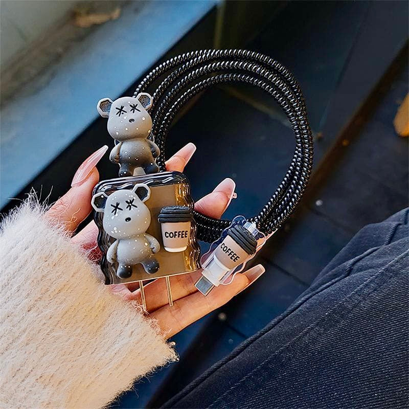 iPhone 20W Charger Case with Cute Bear & Coffee Design | 3D Cartoon Cable Protector Set