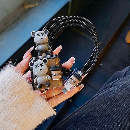 iPhone 20W Charger Case with Cute Bear & Coffee Design | 3D Cartoon Cable Protector Set