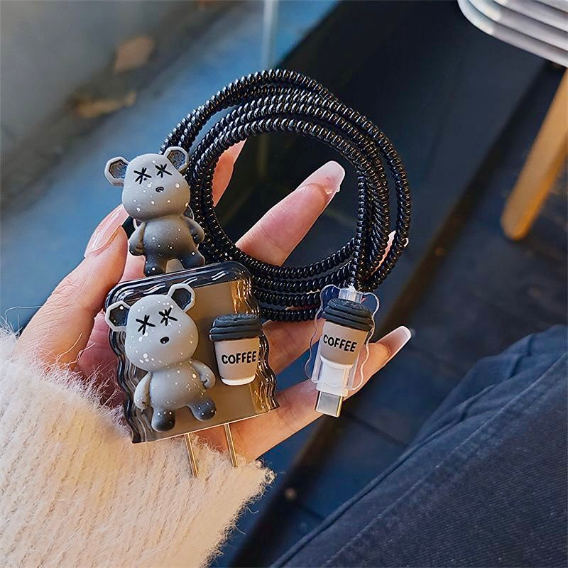 iPhone 20W Charger Case with Cute Bear & Coffee Design | 3D Cartoon Cable Protector Set