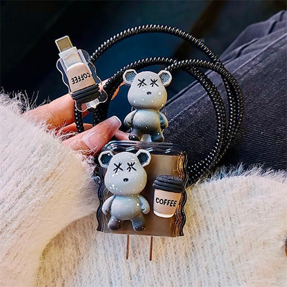 iPhone 20W Charger Case with Cute Bear & Coffee Design | 3D Cartoon Cable Protector Set