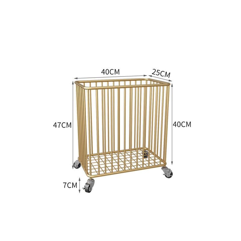 Gold metal cart with dimensions labeled on a white background