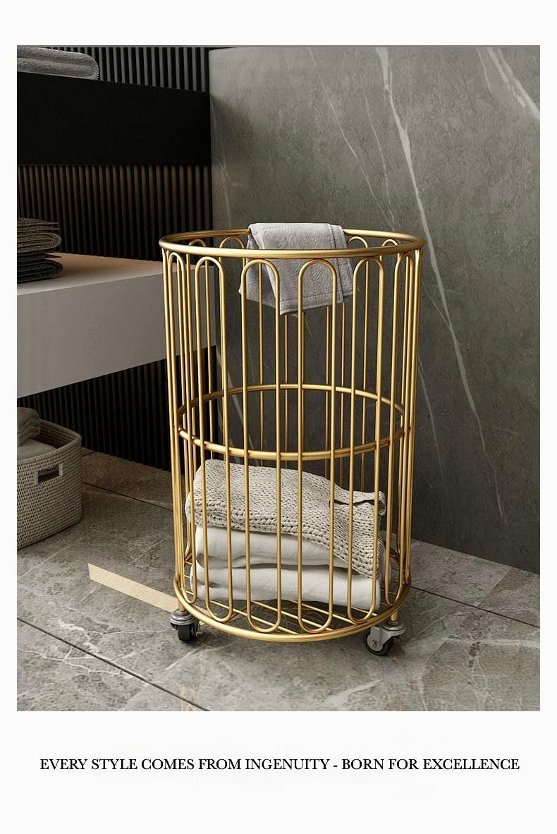 Round Clothes Storage Basket with Wheels :all Metal Clothes Hamper & Storage Bin (Black/Gold)