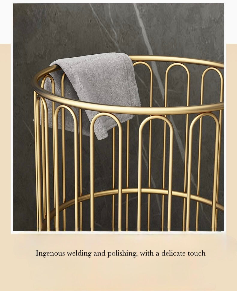 Round Clothes Storage Basket with Wheels :all Metal Clothes Hamper & Storage Bin (Black/Gold)