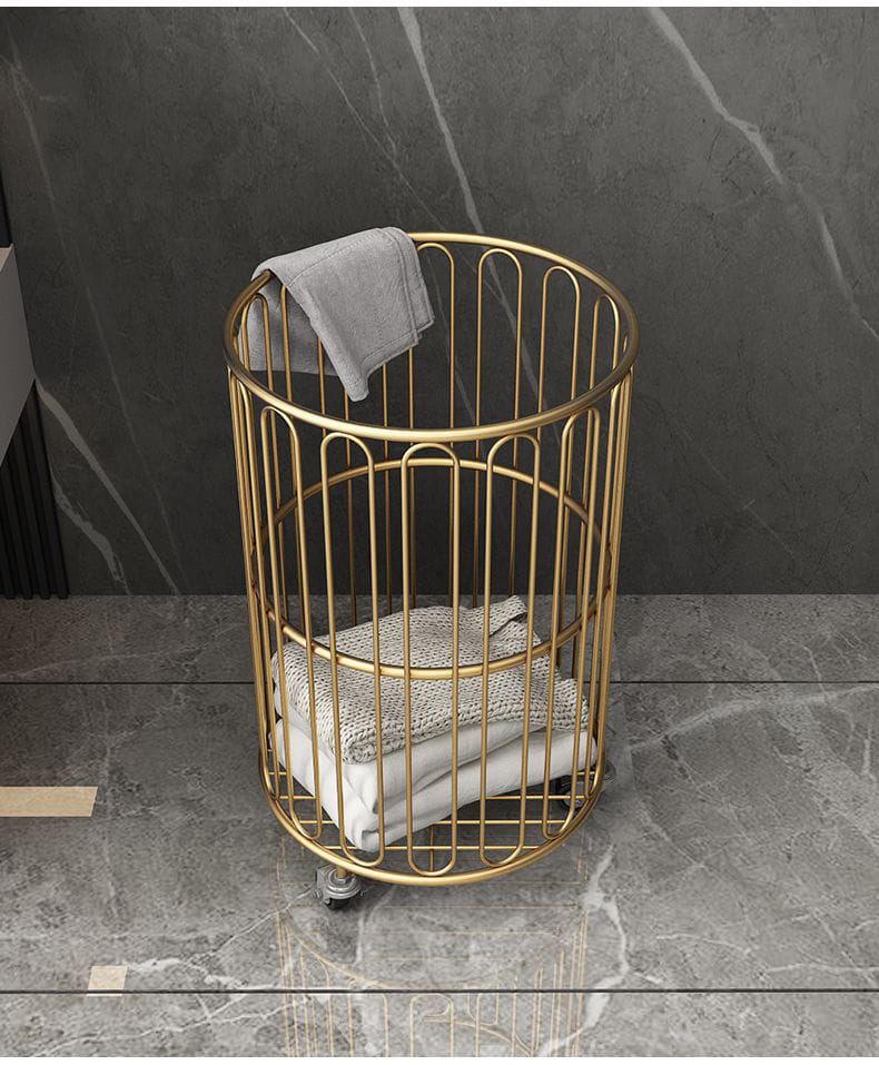 Round Clothes Storage Basket with Wheels :all Metal Clothes Hamper & Storage Bin (Black/Gold)