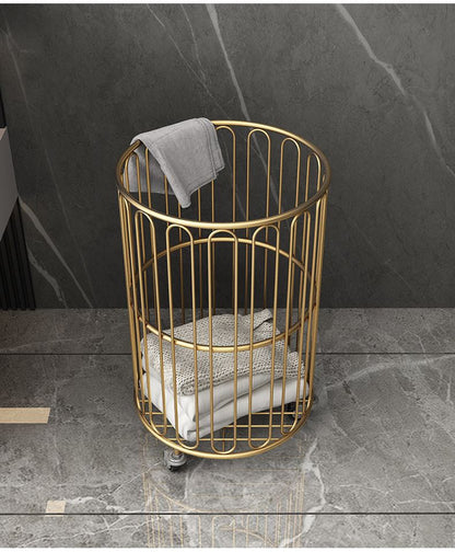Round Clothes Storage Basket with Wheels :all Metal Clothes Hamper & Storage Bin (Black/Gold)