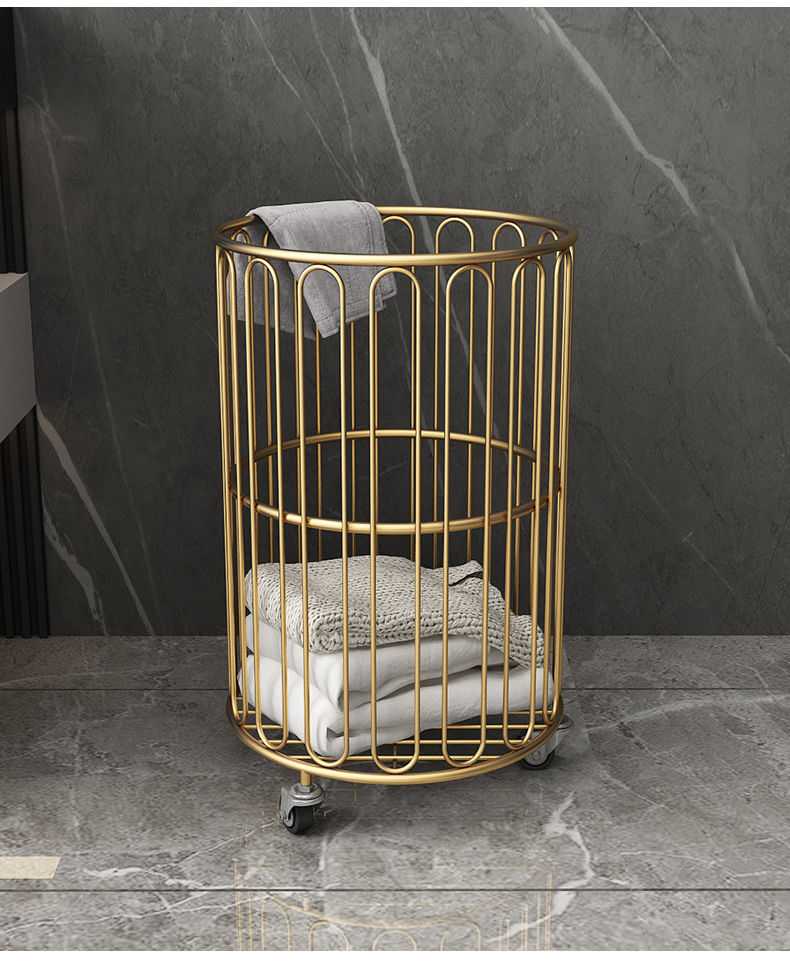 Round Clothes Storage Basket with Wheels :all Metal Clothes Hamper & Storage Bin (Black/Gold)