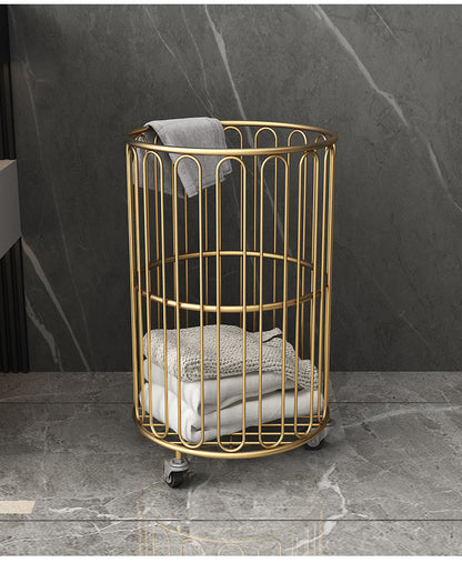 Round Clothes Storage Basket with Wheels :all Metal Clothes Hamper & Storage Bin (Black/Gold)