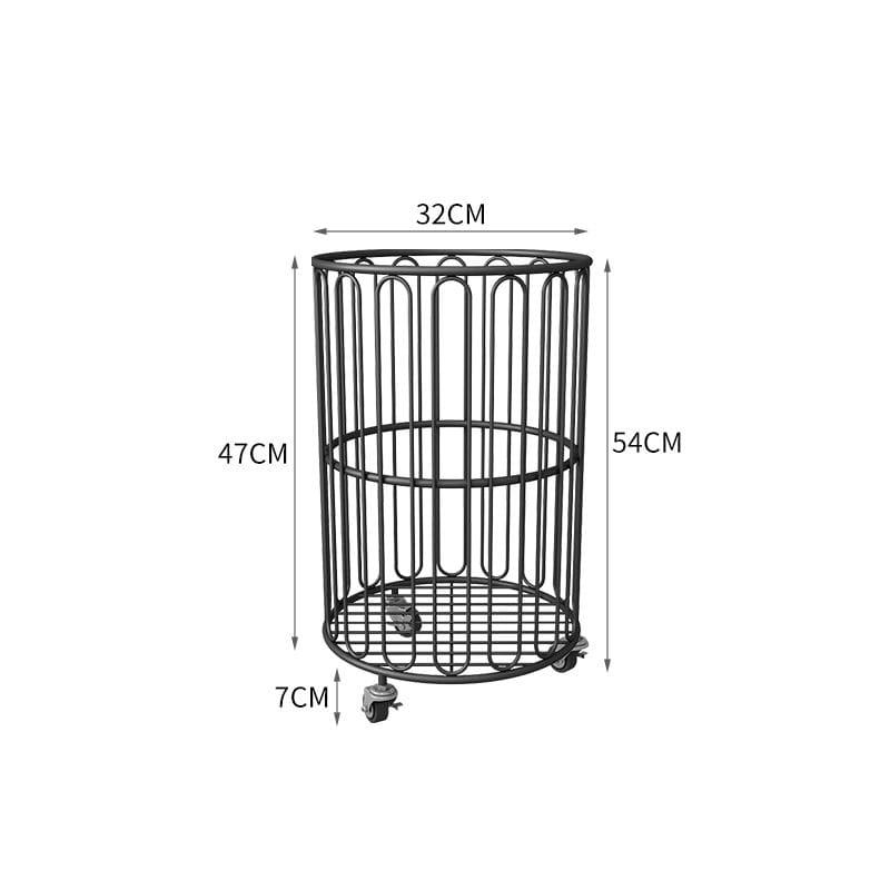 Black metal wire basket with dimensions on a white background