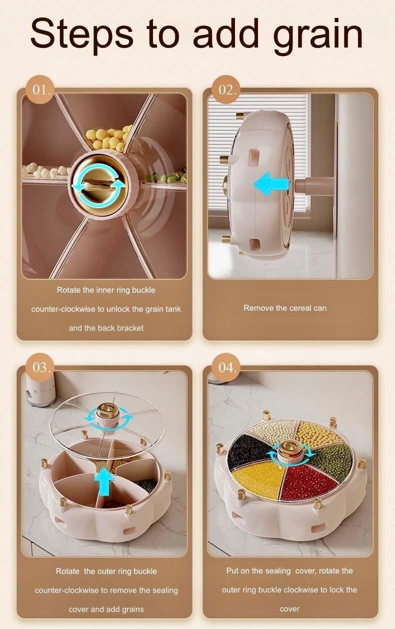 Wall-mounted grain storage box rotating partition:6-Compartment Multi-Grain Dispenser for Kitchen Organization