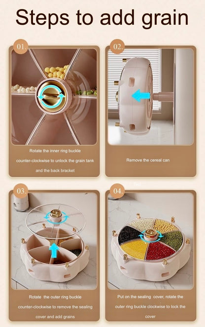 Wall-mounted grain storage box rotating partition:6-Compartment Multi-Grain Dispenser for Kitchen Organization