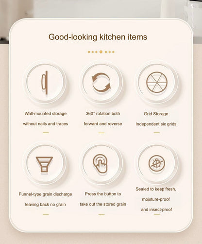Wall-mounted grain storage box rotating partition:6-Compartment Multi-Grain Dispenser for Kitchen Organization