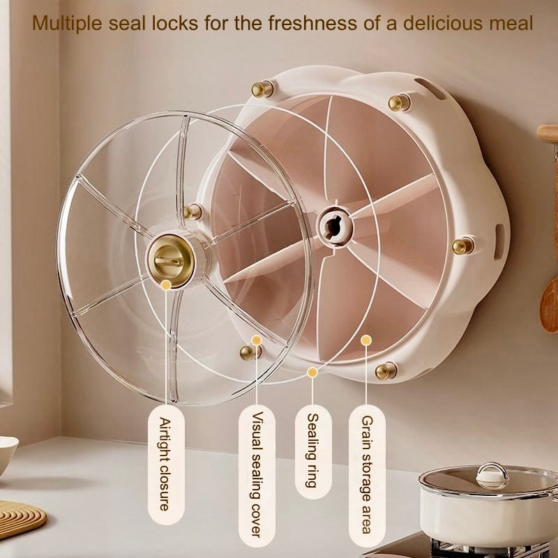 Wall-mounted grain storage box rotating partition:6-Compartment Multi-Grain Dispenser for Kitchen Organization