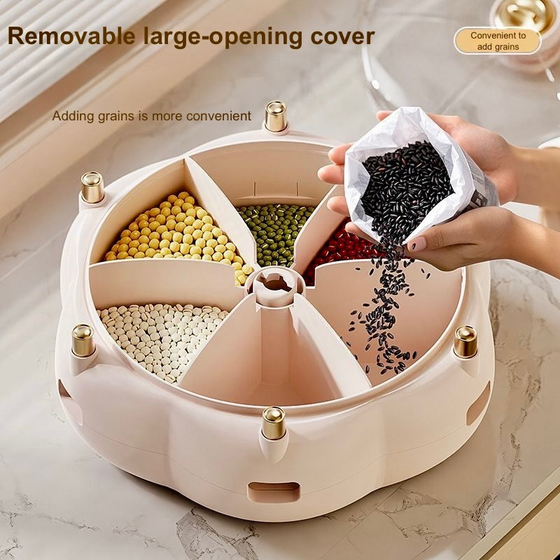Round grain storage container with removable cover on a marble surface