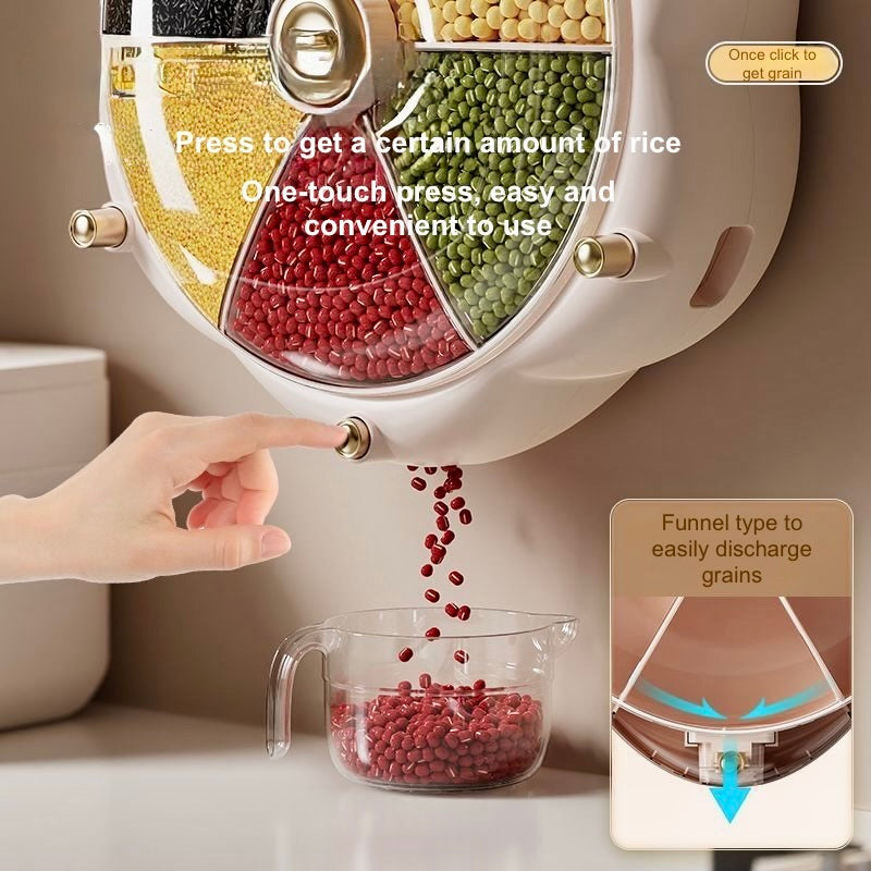 Rice dispenser with a hand pressing a button to dispense red rice into a measuring cup.
