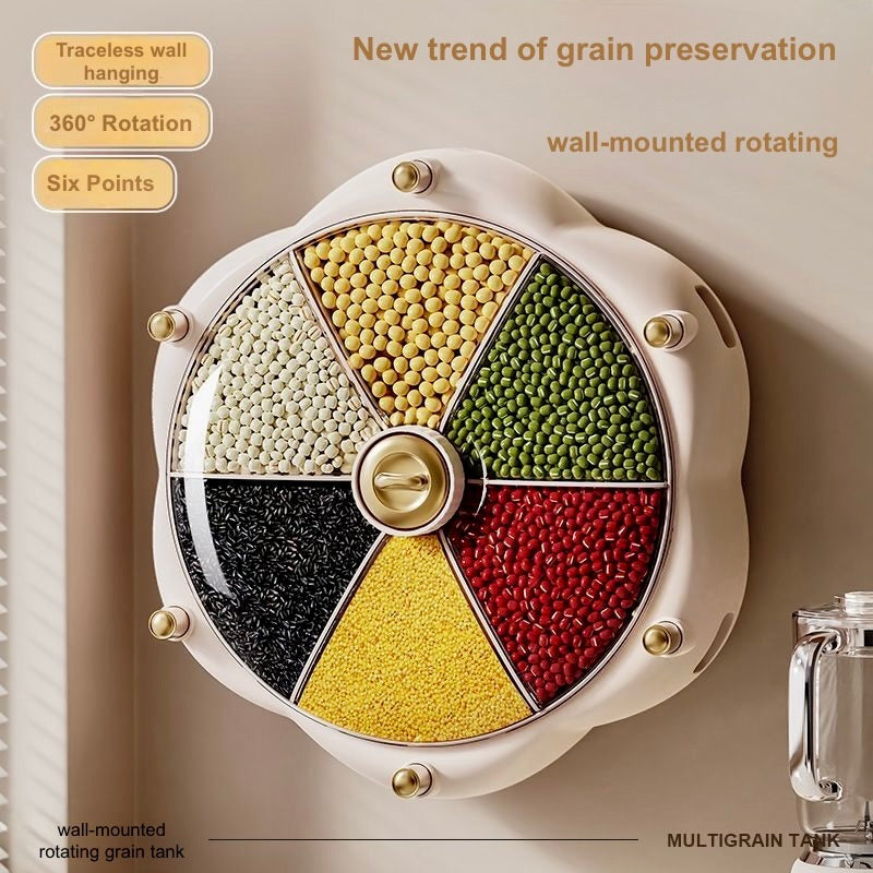 Multigrain tank with six compartments filled with different colored grains on a beige background.