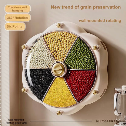 Multigrain tank with six compartments filled with different colored grains on a beige background.