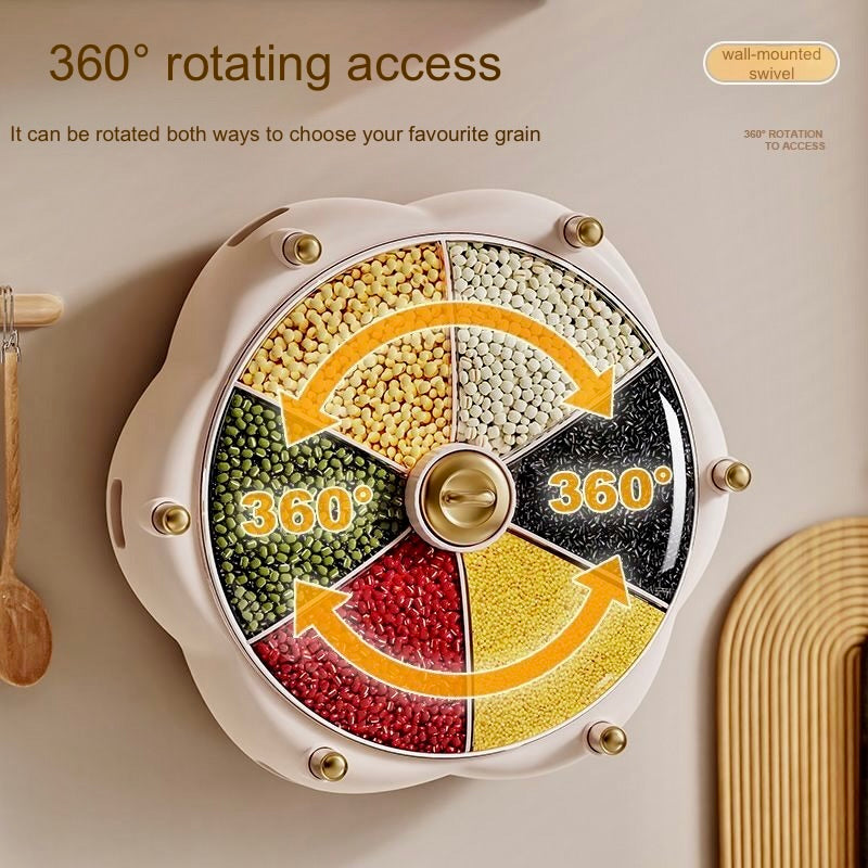 Wall-mounted grain selector with 360-degree rotation featuring various grains.