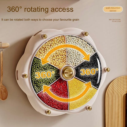 Wall-mounted grain selector with 360-degree rotation featuring various grains.
