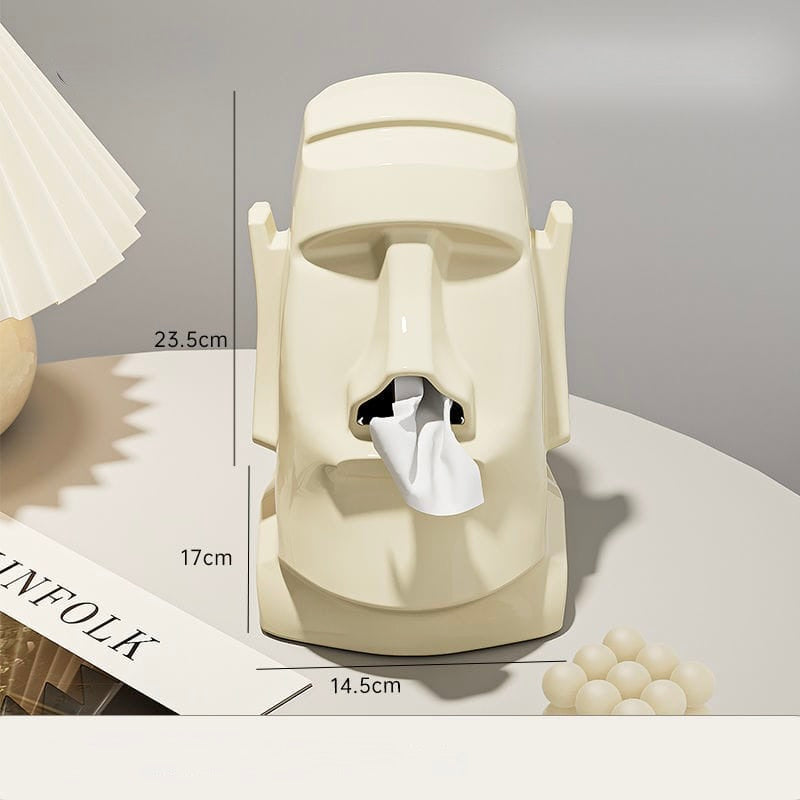 Tissue holder shaped like a face with dimensions displayed
