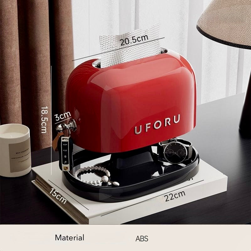 Red UFORU device on a table with dimensions displayed