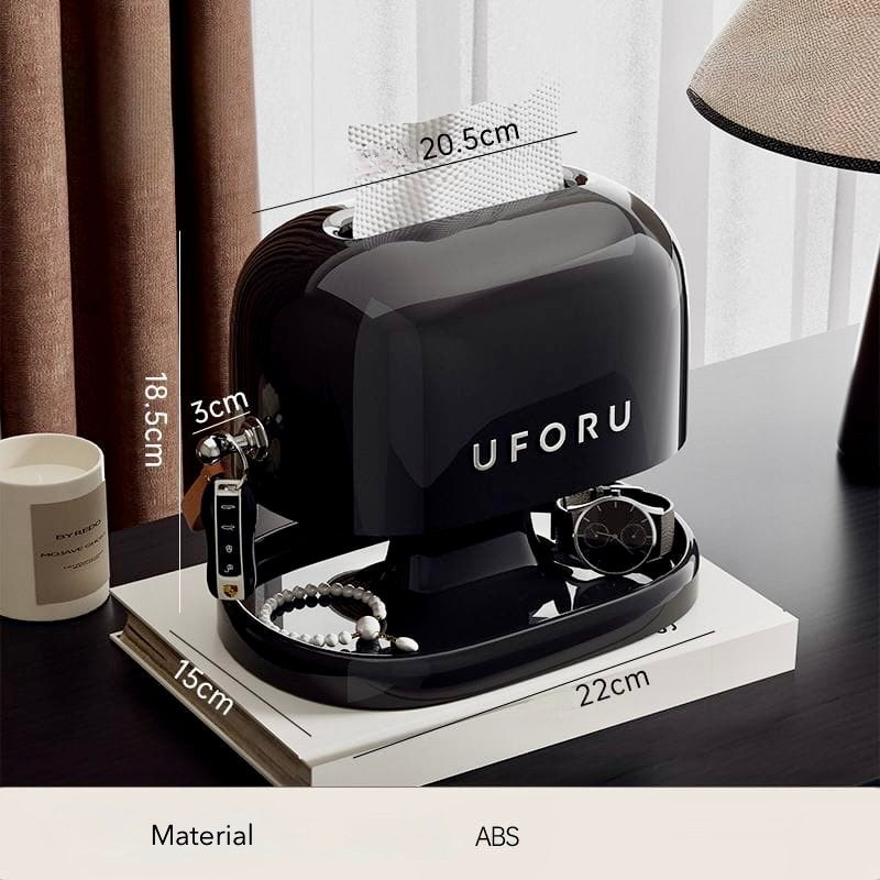 Black UFORU jewelry organizer on a table with dimensions displayed