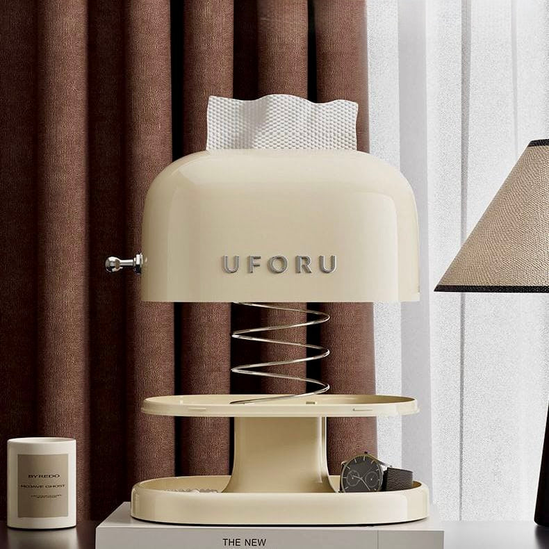 Beige UFORU product on a surface with curtains in the background