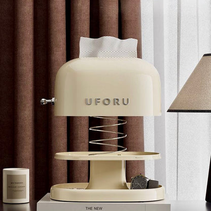 Beige UFORU product on a surface with curtains in the background