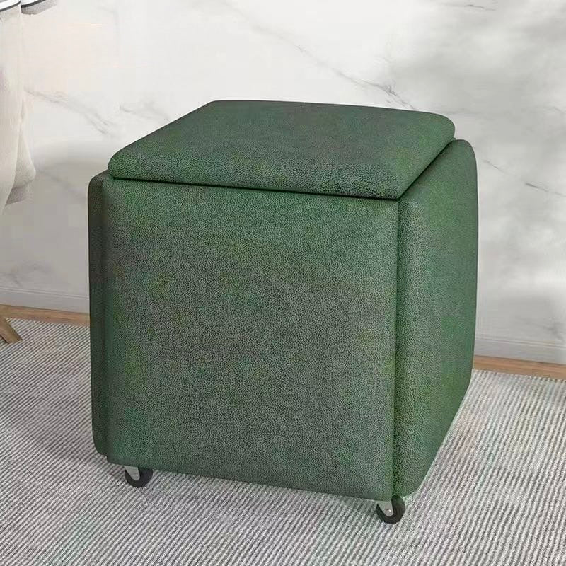 Green storage ottoman with wheels on a gray carpet