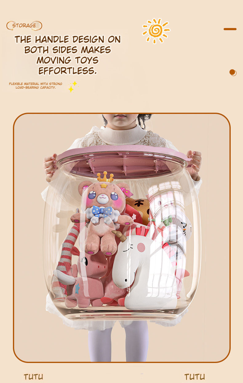 Person holding a transparent storage jar with colorful plush toys on a beige background