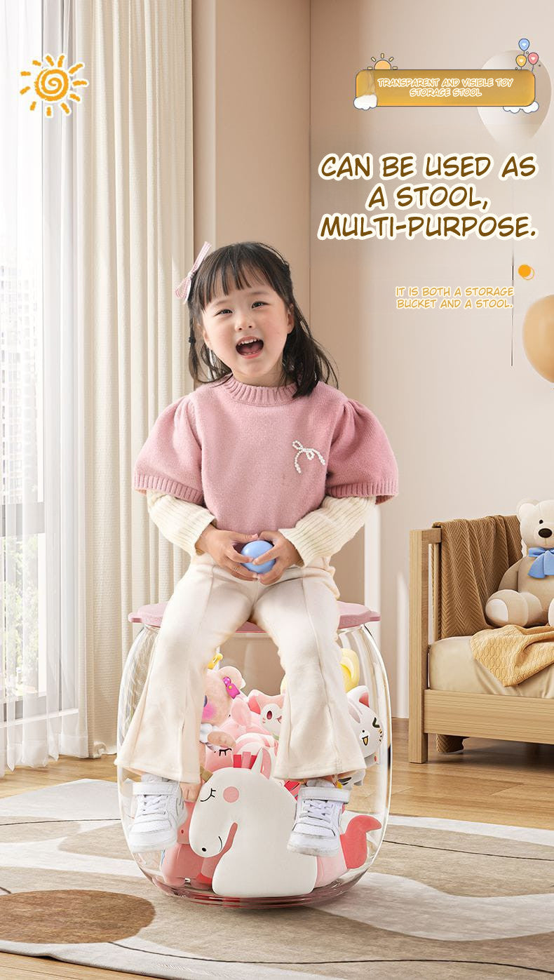 Snuggle Pod: Multi-Purpose Transparent Toy Storage Stool – 150 lbs Load, Waterproof, Dustproof, Kids & Home Organizer